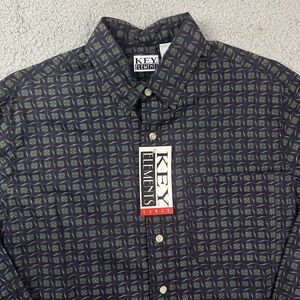 Vintage Key Elements 90's‎ Button Shirt Purple Groovy Pattern Long Sleeve Size L